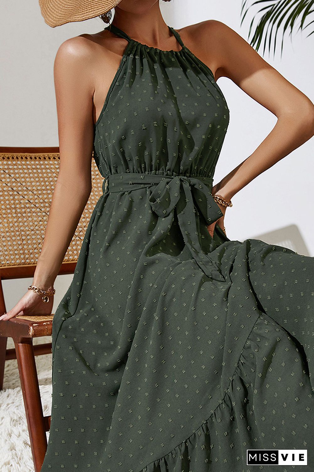 Dark Green Swiss Dot Halter Sleeveless Maxi Dress