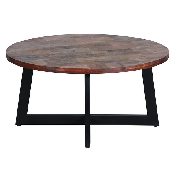 31 Inch Round Mango Wood Farmhouse Coffee Table， X Shape Iron Frame， Brown， Black