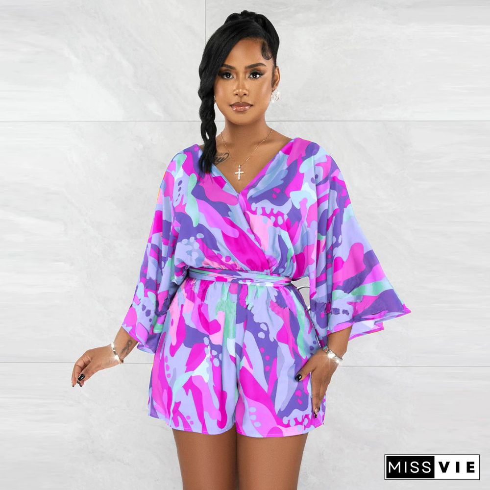 New V-neck Sexy Backless Printed Shorts Jumpsuit