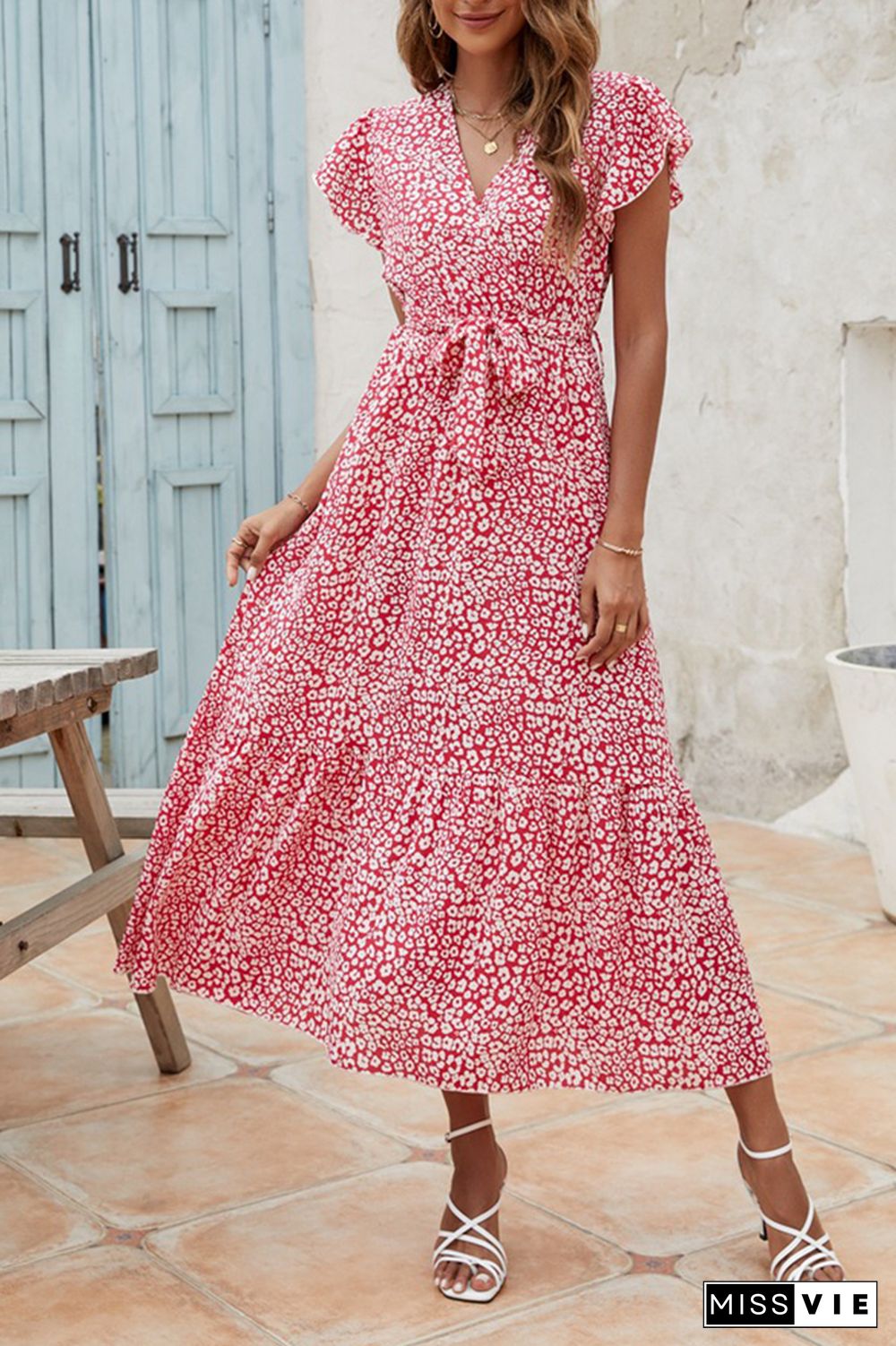 Floral Print Short Sleeve V Neck Long Dress Wholesale