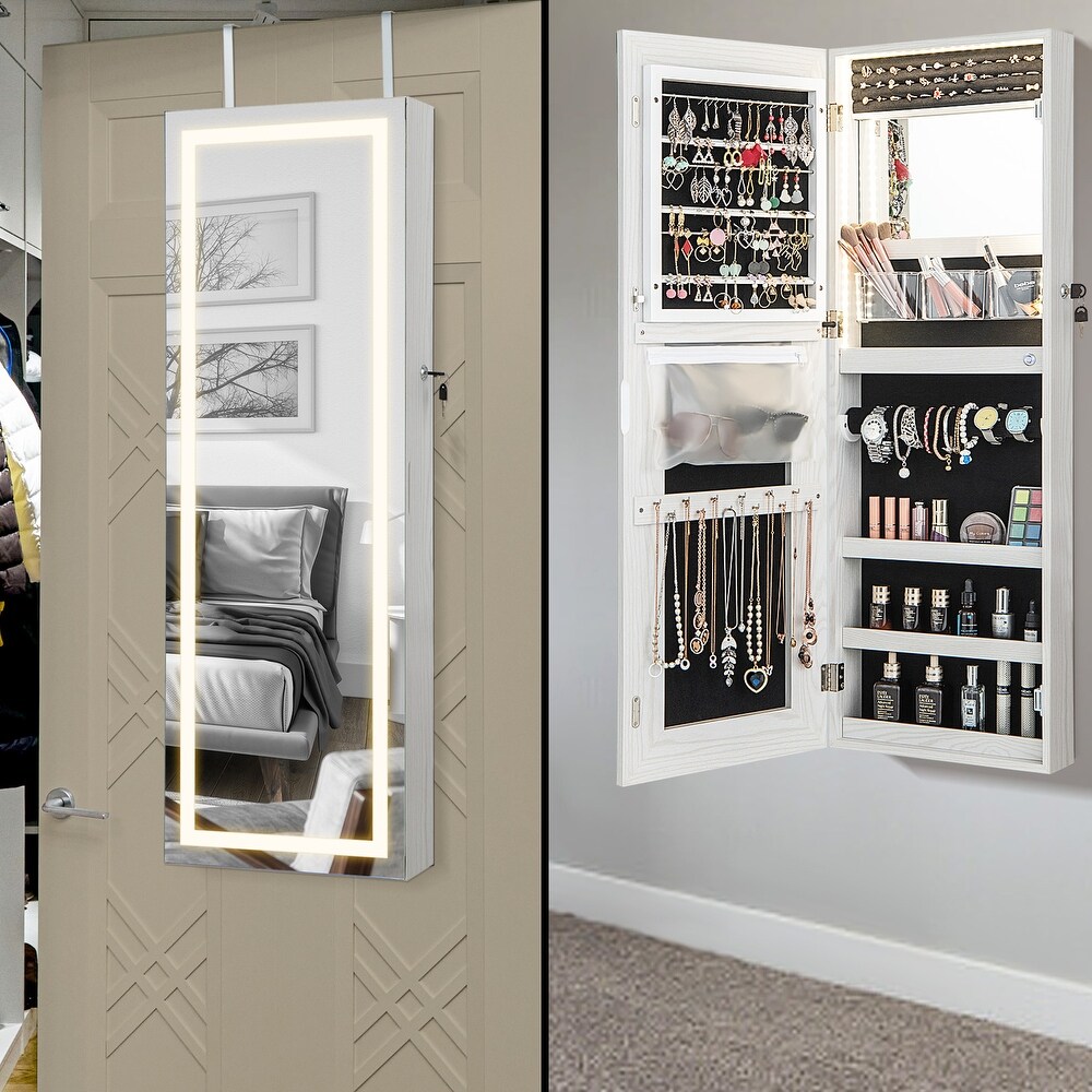 42.5 Inches Lockable Jewelry Mirror Wall Cabinet with 3 Color LED Lights   15\