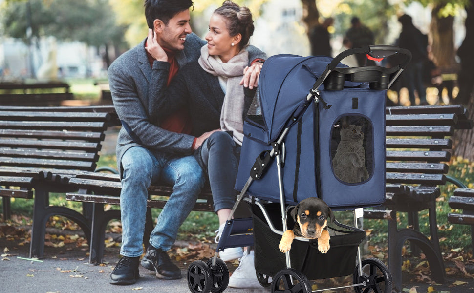 Msmask Foldable Pet Stroller 4 Wheel Cat Dog Travel Carrier with Storage Basket，Dark Blue