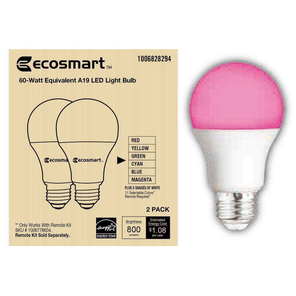 EcoSmart 60-Watt Equivalent A19 CEC Color Changing LED Light Bulb (2-Pack) 11A19060WRGBW21