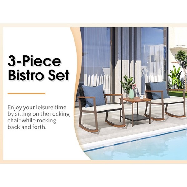 3 Pieces Outdoor Rocker Chair Conversation Set with Coffee Table and Cushions for Balcony Porch Poolside