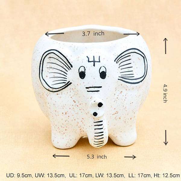 3.7 inch (9 cm) Elephant Shape Marble Finish Ceramic Pot (White) (set of 2)