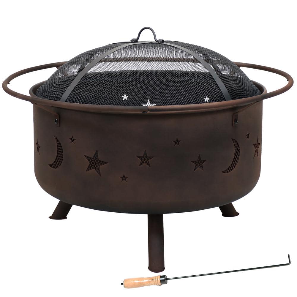 Sunnydaze Decor Cosmic 30 in. x 20 in. Round Bronze Steel Wood Burning Fire Pit with Cooking Grill and Spark Screen NB-MS201