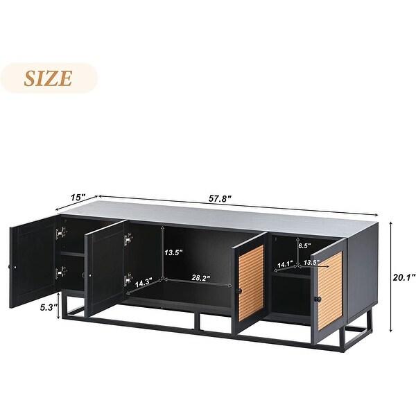 Rattan TV Stand for 65 Inch TV， Rustic TV Console Table with 4 Textured Rattan Doors and 2 Adjustable Panels