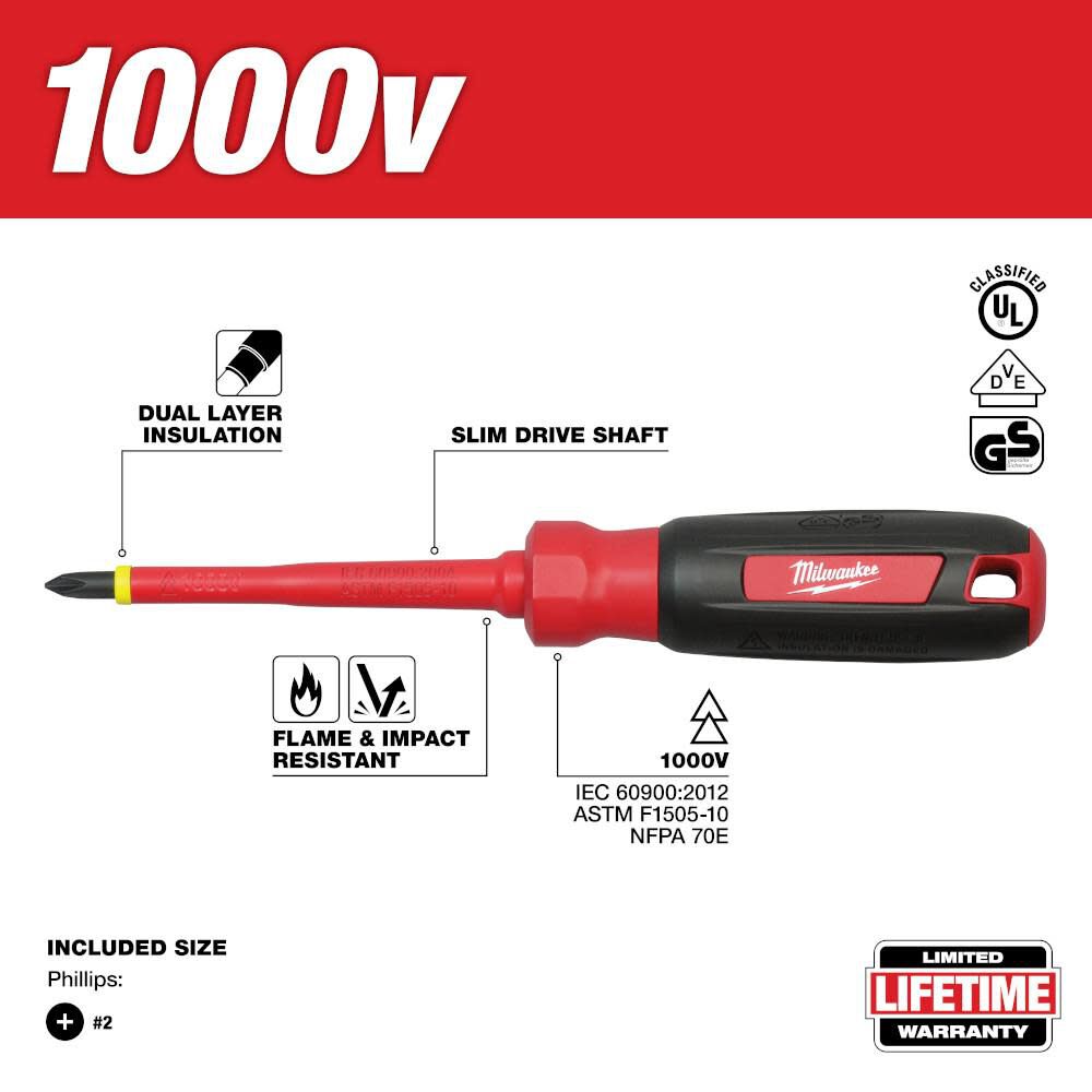 Milwaukee #2 Phillips - 4 in. 1000 V Insulated Screwdriver 48-22-2212 from Milwaukee