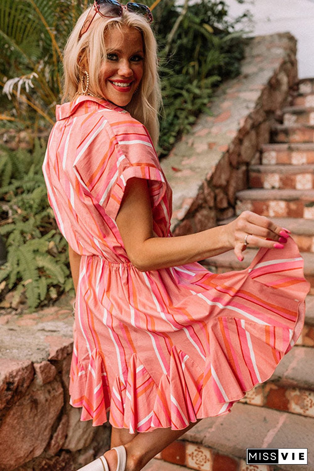 Red Stripe Print Rolled Short Sleeve V Neck Mini Dress