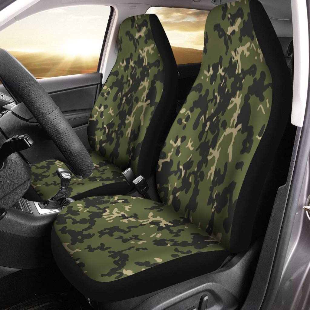 FMSHPON Set of 2 Car Seat Covers Camouflage Pattern Classic Camo Green Black Olive Colors Universal Auto Front Seats Protector Fits for Car，SUV Sedan，Truck