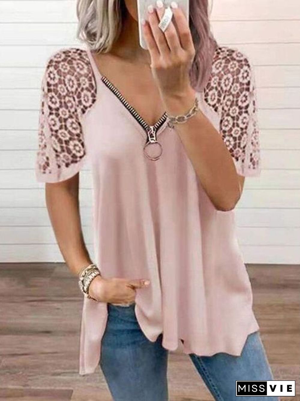 Casual Lace Patchwork V-neck Hollow Out T-Shirts