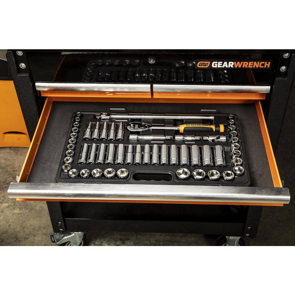 GEARWRENCH 14 in. 38 in. and 12 in. Drive 90-Tooth Standard and Deep SAEMM Ratchet and Socket Set (163-Piece) 8586789CB