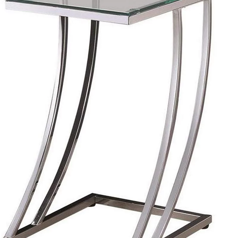 Contemporary Metal Accent Table With Glass Top， Clear And Silver