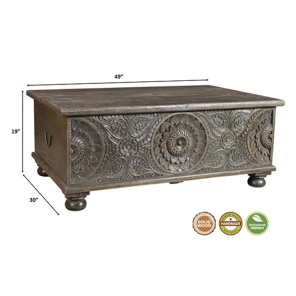 Florence Floral Carved Wood Coffee Table with Storage in Antique Black