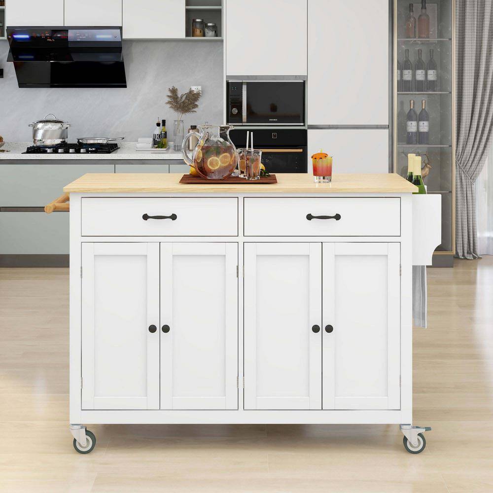 Whatseaso 54.3 in. Spice Rack Towel Rack White Kitchen Island with Solid Wood Top and Locking Wheels 4-Door Cabinet and 2-Drawers LNN-K110502013