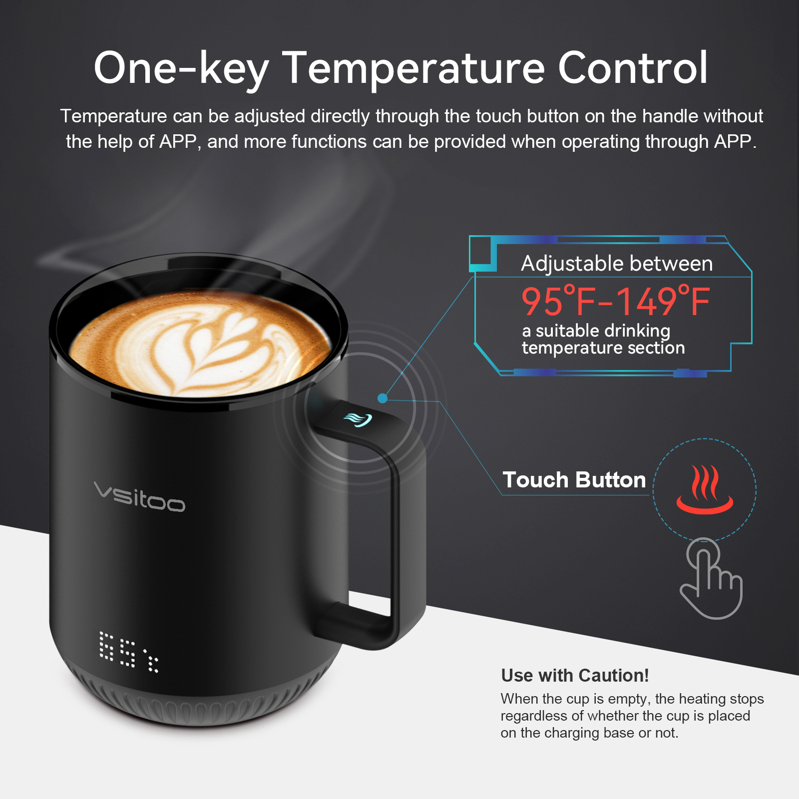 vsitoo S3 Temperature Control Smart Mug 2 with Lid， Self Heating Coffee Mug 10 oz， LED Display， 90 Min Battery Life - AppandManual Controlled Heated Coffee Mug - Improved Design， Coffee Gifts， Black