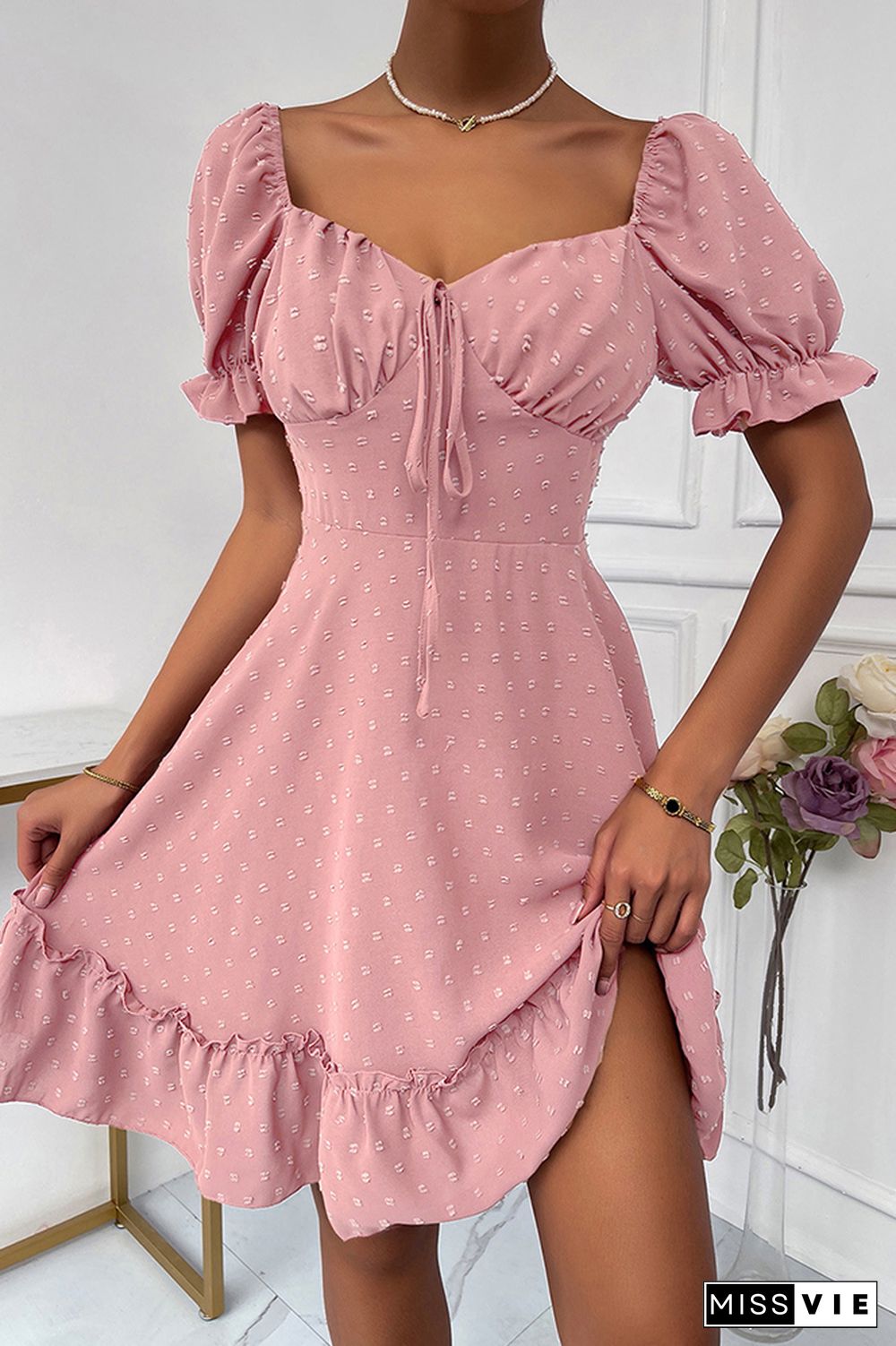 Solid Polka Dot Ruffle Short Sleeve Dress Wholesale