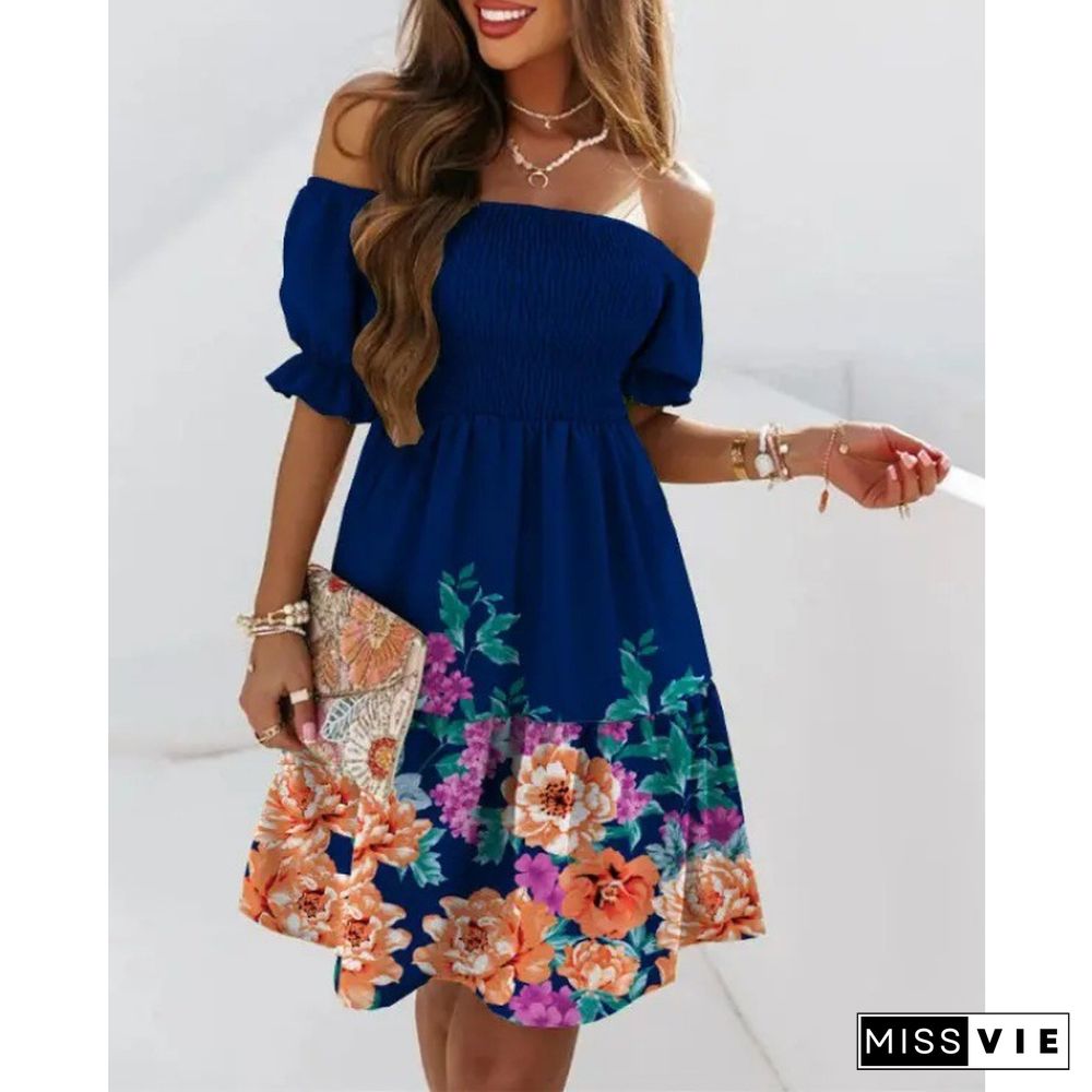 Summer Boho Beach Dress Women Short Sleeve Neck Waist Pleated Print Dress Vestidos De Mujer