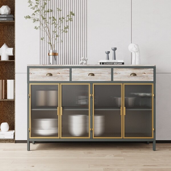 4 Glass Doors Modern Sideboard with 3 Top Drawers