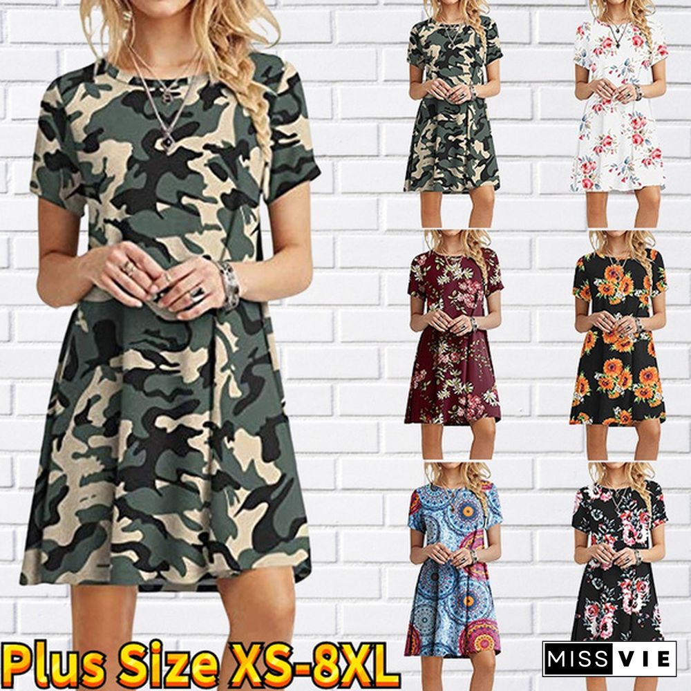 Ladies Fashion Dress Floral Leaf Print Ladies Casual Dress Summer Beach Short Sleeve Dress Long Skirt Plus Size Xs-8Xl