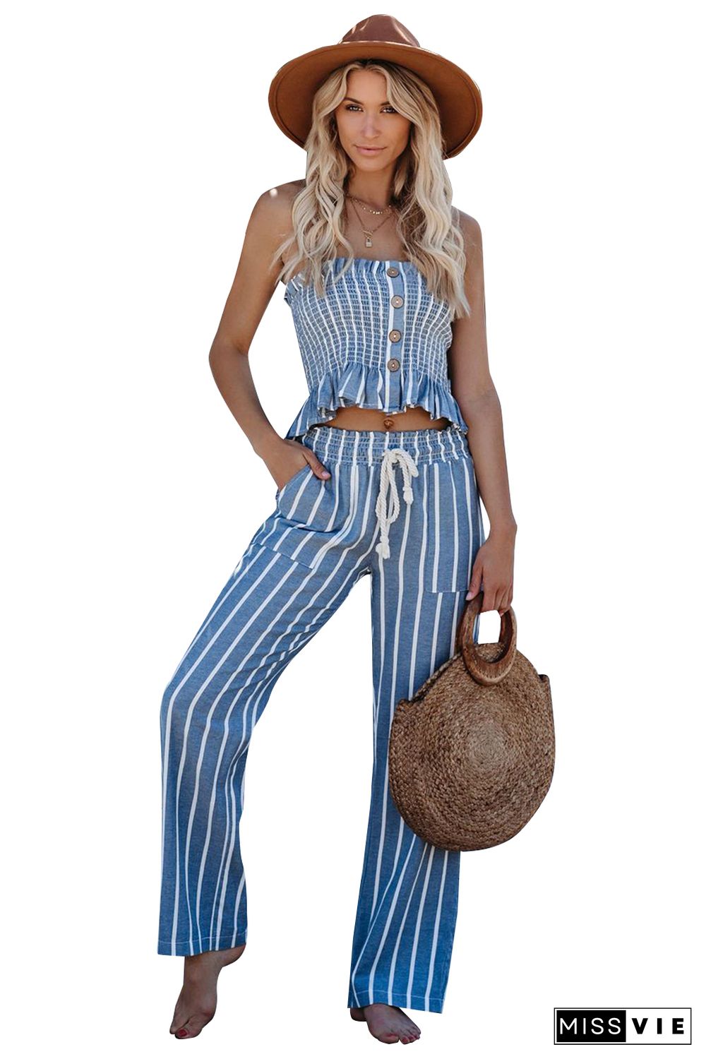 Smocked Striped Tube Top and Pants Set