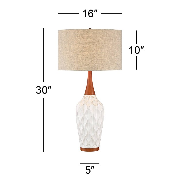 Tall White Geometric Ceramic Wood Tan Fabric Drum Shade For Bedroom Living Room Bedside Office