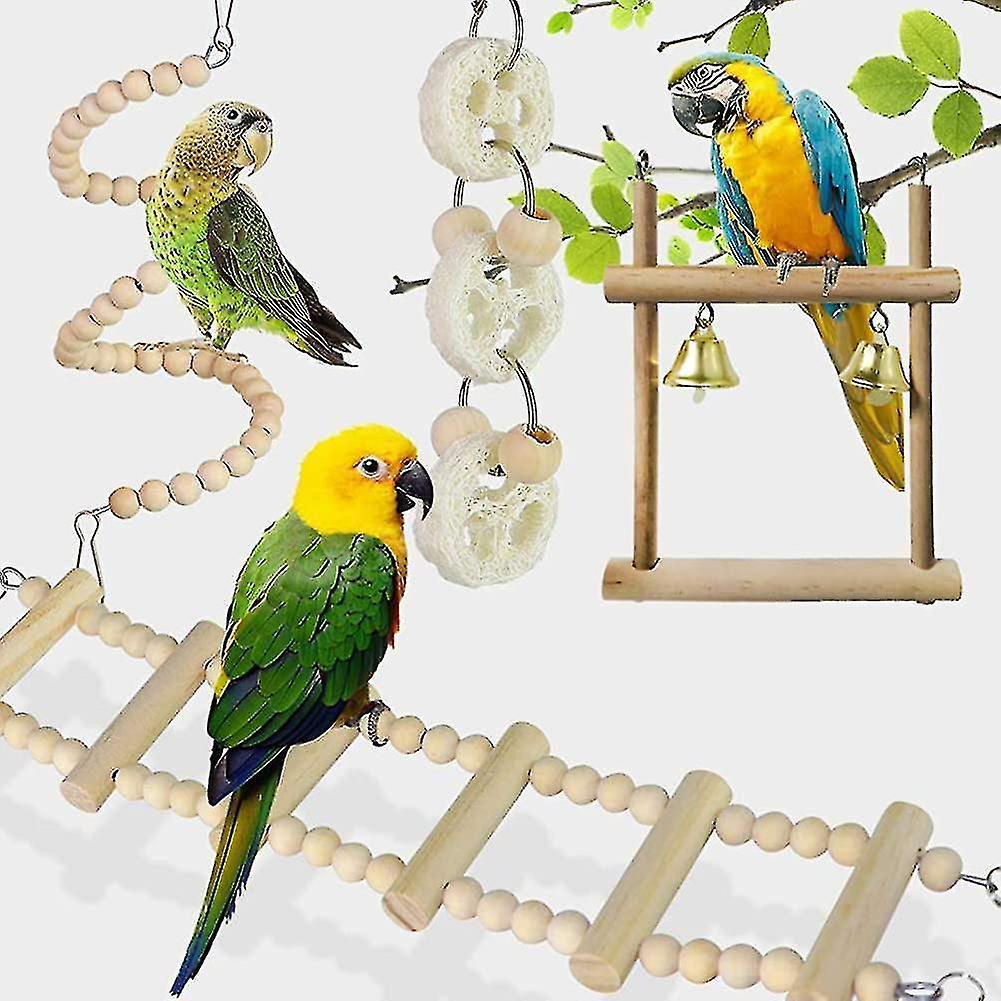 8 Packs Bird Toys Parrots Cage Toys Natural Wood Hanging Swing Shredding Chewing