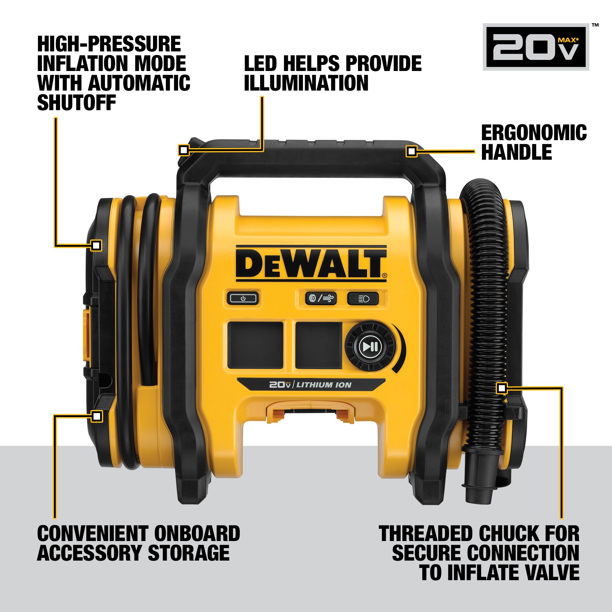 DEWALT DCC020IB 110-Volt Lithium Ion (Li-Ion) Air Inflator (Power Source: Battery; Car; Electric)