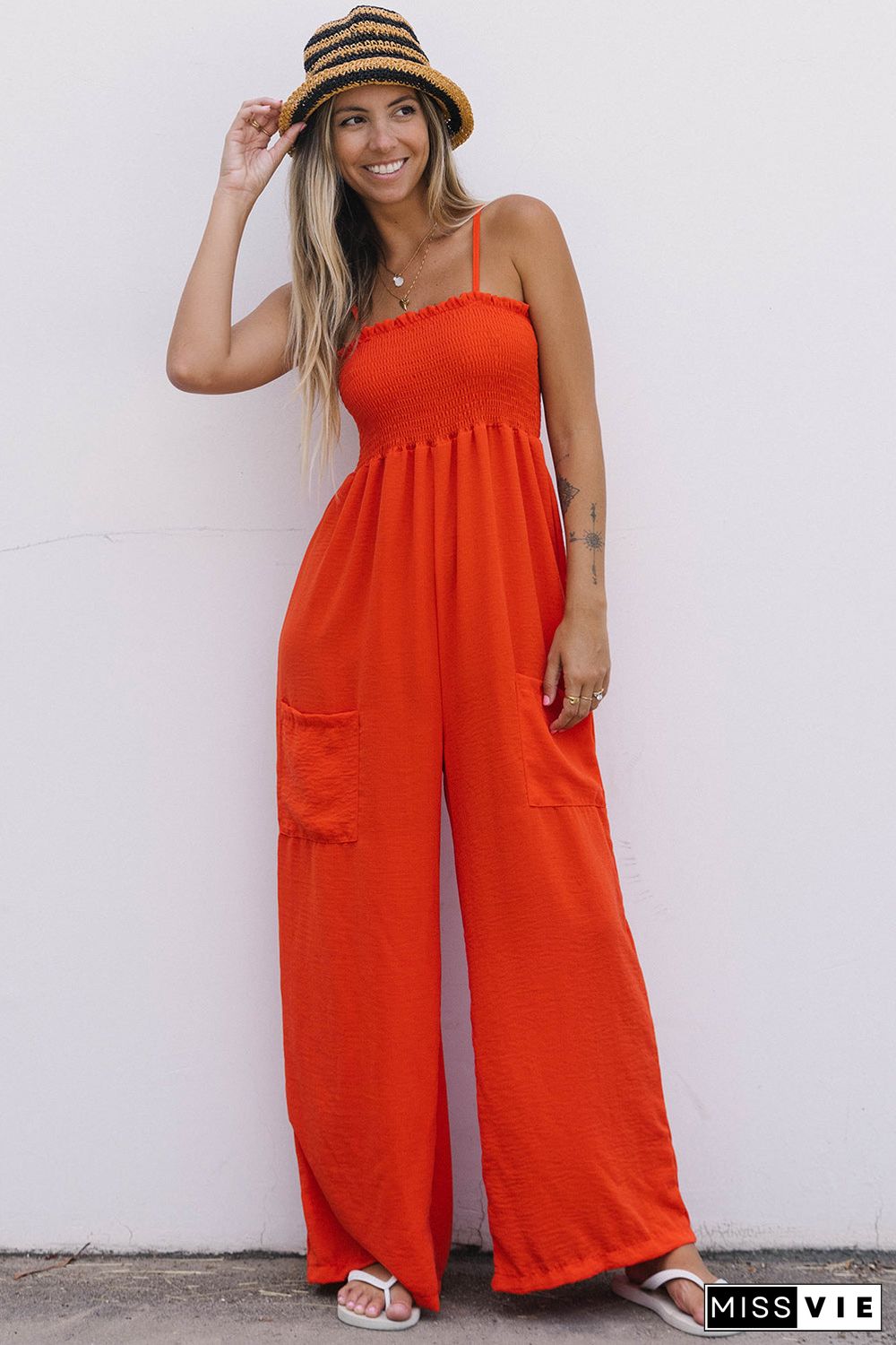 Smocked Spaghetti Straps Wide Leg Jumpsuit