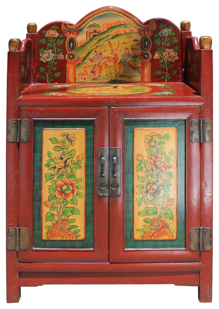 Chinese Tibetan Vintage Floral Animals Graphic Shrine Offer Table Cabinet cs5734   Asian   Accent Chests And Cabinets   by Golden Lotus Antiques  Houzz