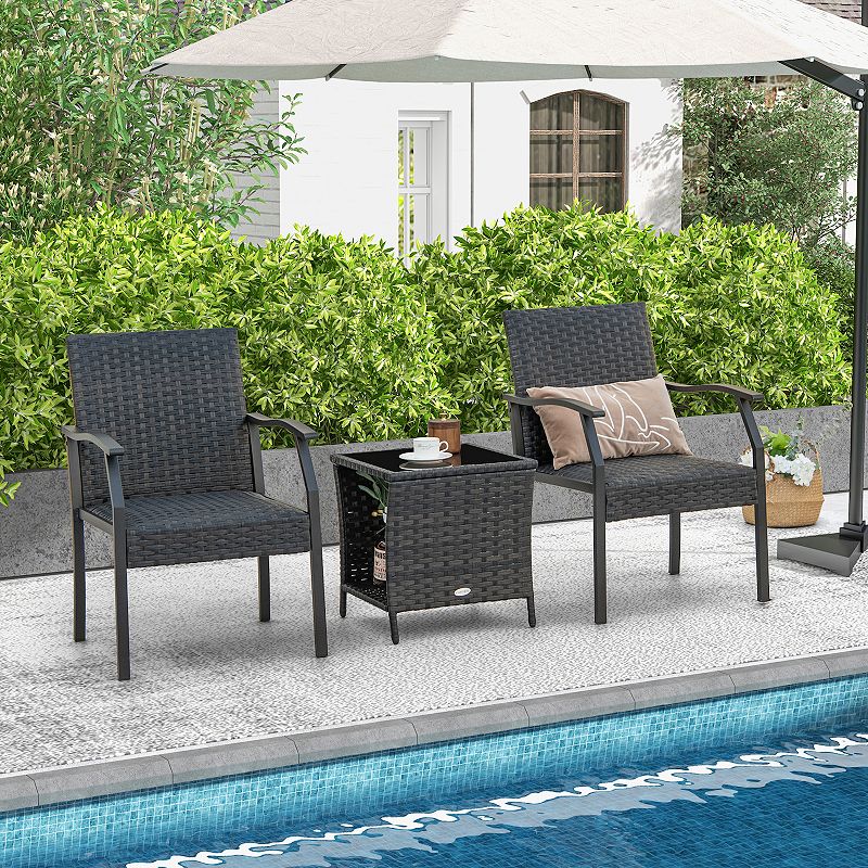 3 Piece Patio Wicker Chair Set With Quick - Drying Cushions