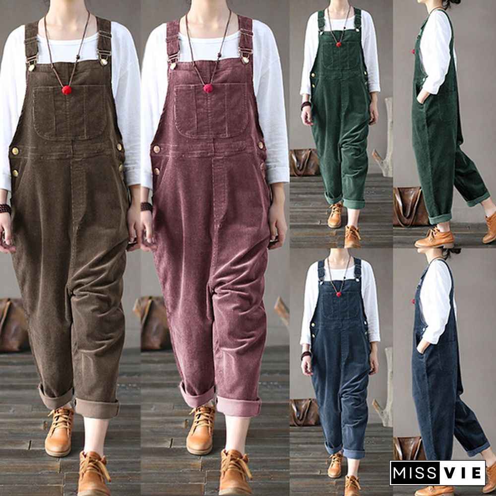 ZANZEA Women New Retro Solid Color Corduroy Suspender Pants Jumpsuit Rompers Long Pants Dungaree