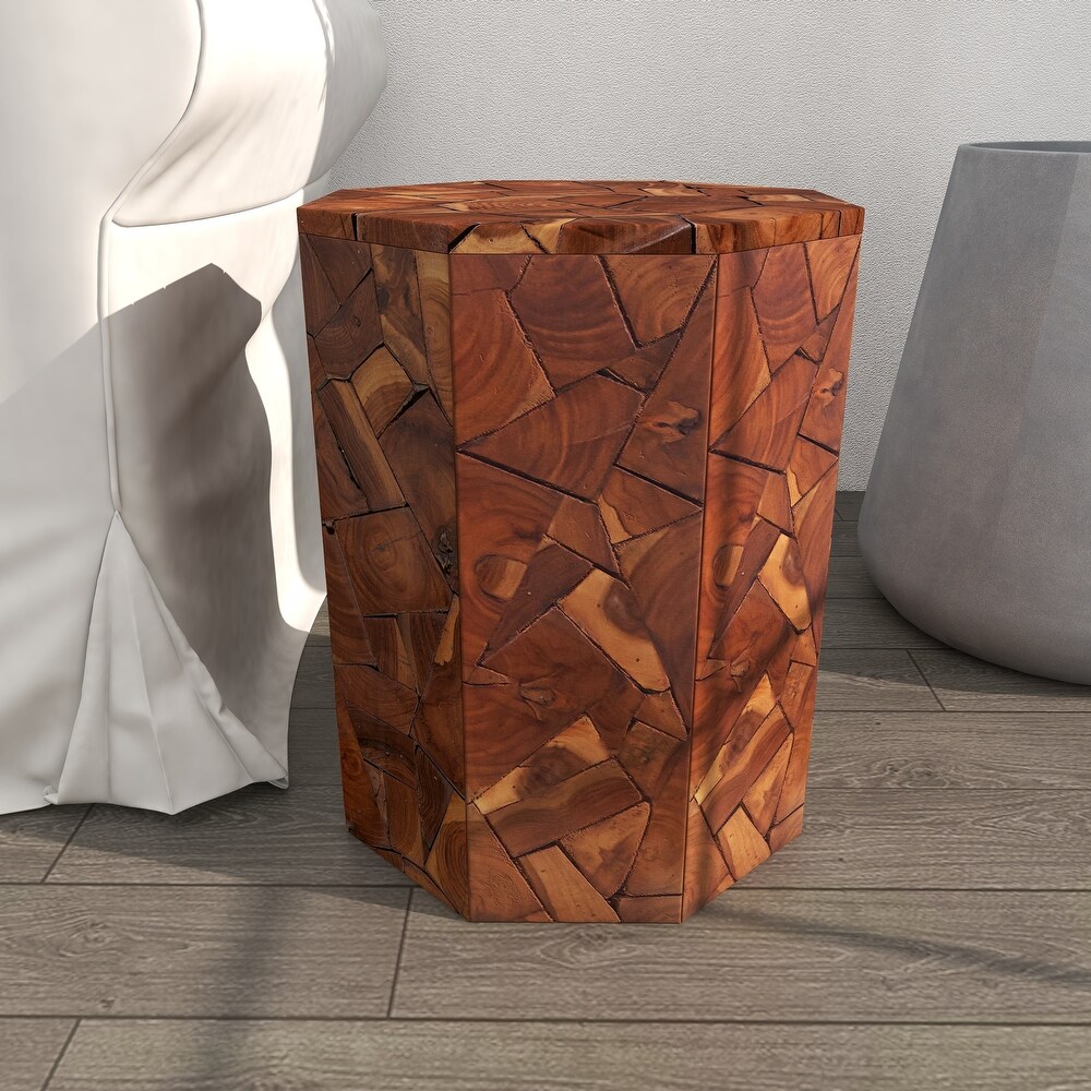 Brown Teak Wood Handmade Accent Table with Mosaic Wood Chip Design