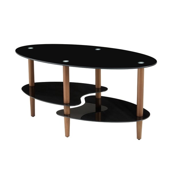 3-layer Modern Oval Glass Coffee Table with Oak Wood Legs