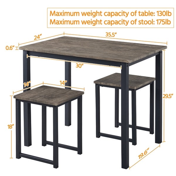 3-Piece Dining Set with Industrial Square Table and 2 Backless Chairs