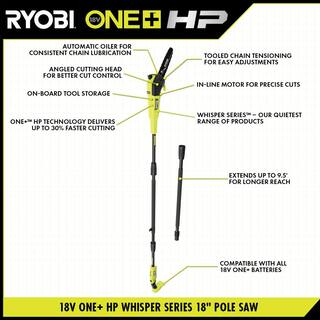 RYOBI ONE+ HP 18V Brushless Whisper Series 8 in. Cordless Battery Pole Saw (Tool Only) with Extra Chain  Bar and Chain Oil P2508BTL-CMB1