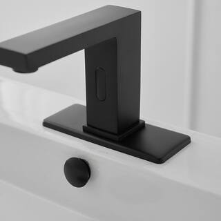 BWE DC Powered Commercial Touchless Single Hole Bathroom Faucet With Deck Plate And Pop Up Drain In Matte Black A-918108-B-2