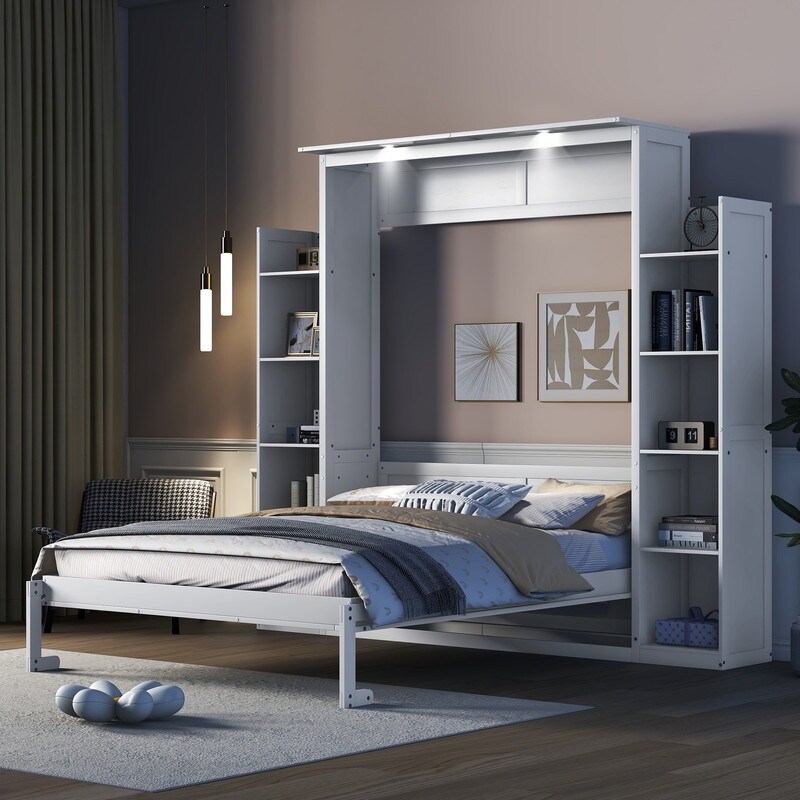 Queen Size Luxury Murphy Bed  Foldable Wall Cabinet Bed with Storage or Display Shelves and LED Lights