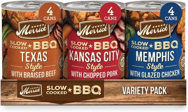 Merrick Slow Cooked BBQ Variety Pack Grain-Free Wet Dog Food， 12.7-oz， case of 12