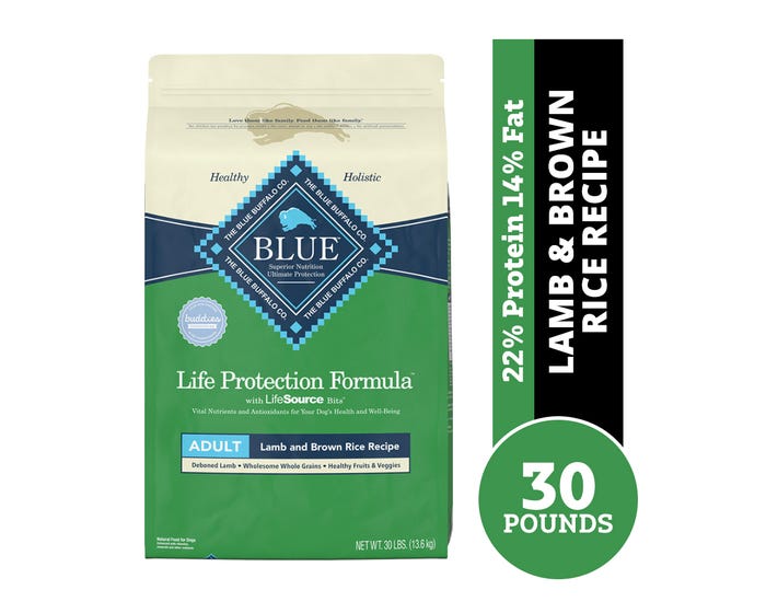 Blue Buffalo Life Protection Formula Adult Lamb  Brown Rice Recipe Dry Dog Food， 30 lb. Bag