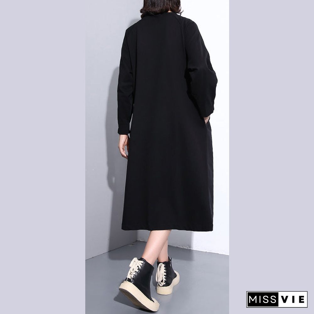 fine black coats plus size stand collar pockets patchwork baggy Coat