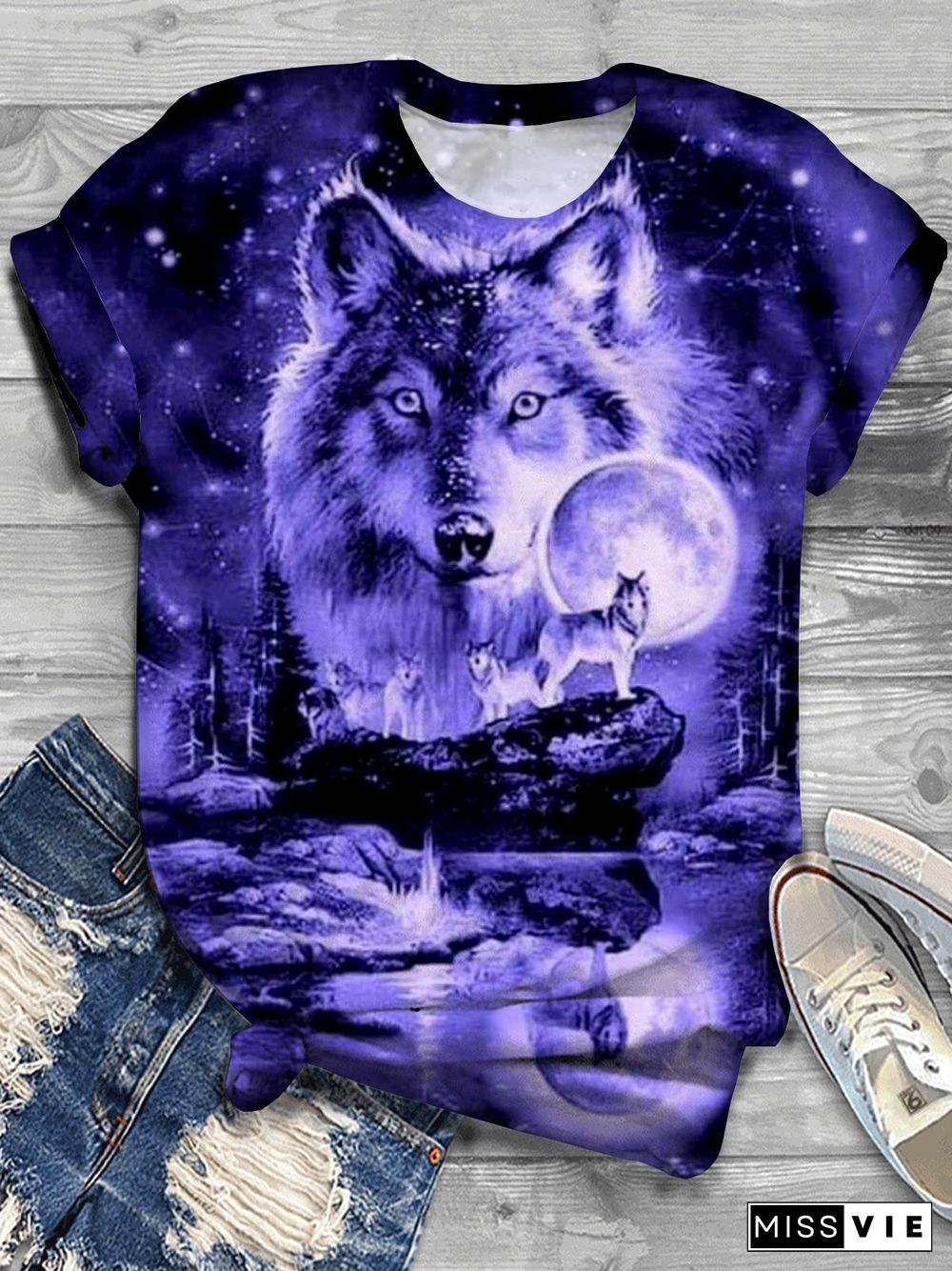 Wolf Animal Print Crew Neck T-shirt