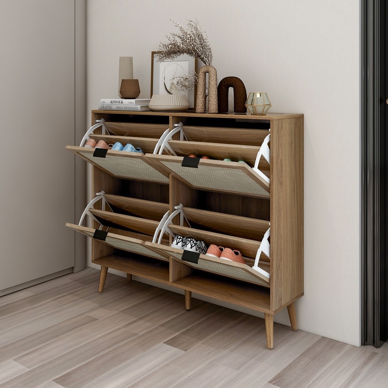 Freestanding Modern Shoe Storage with 4 Rattan Doors