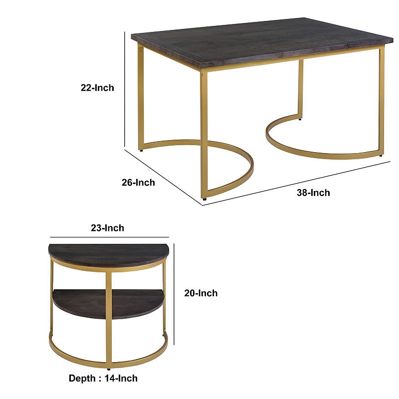 38 Inch Rectangle Metal Nesting Coffee Table - 3 pcs set， Dark Brown， Gold