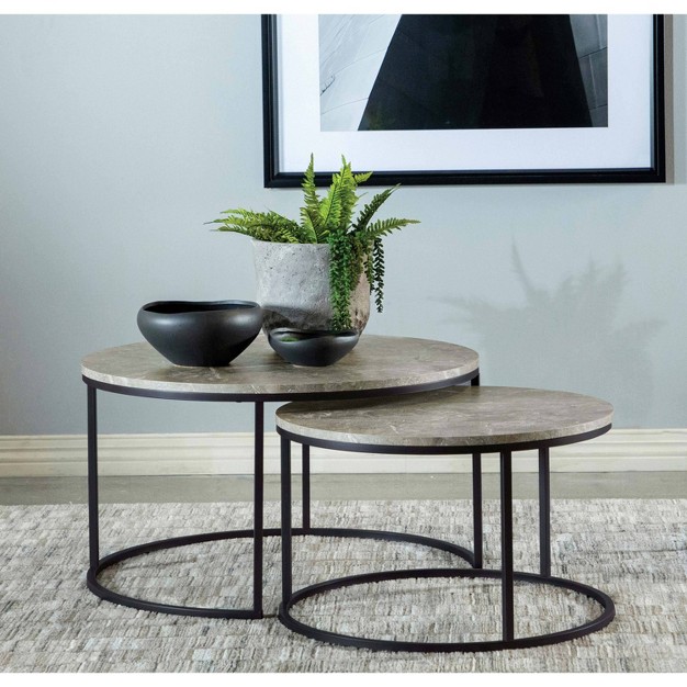 2pc Lainey Round Nesting Coffee Table Set With Faux Marble Top Gray black Coaster