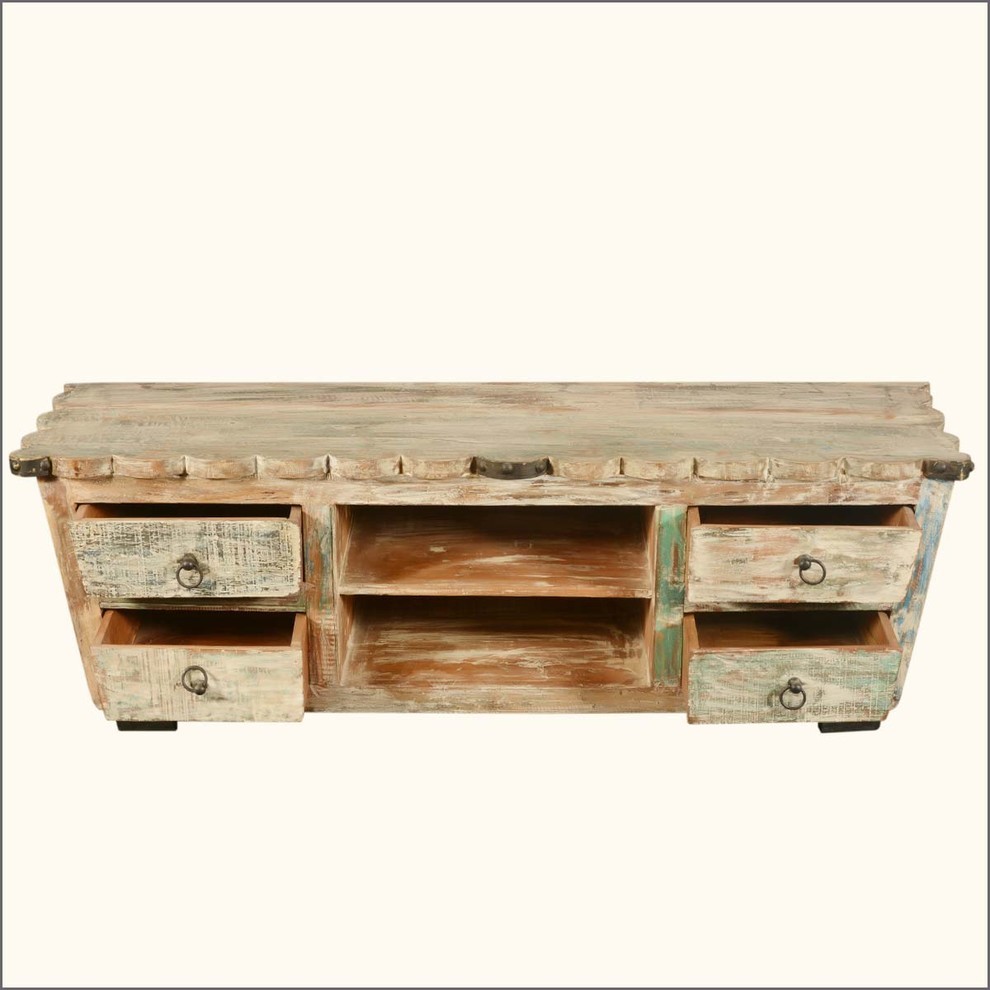 Sefton Reclaimed Wood Scalloped Edge 4 Drawer Media TV Stand   Rustic   Entertainment Centers And Tv Stands   by Sierra Living Concepts Inc  Houzz