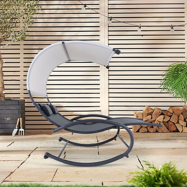 Outdoor Double Chaise Lounge Chair Rocking Lounger with Sunshade Canopy