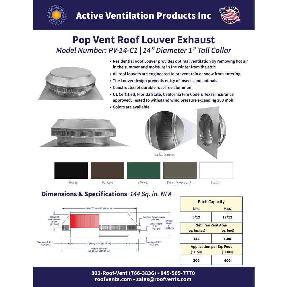 Active Ventilation 14 in. Dia Aluminum Roof Louver Exhaust Vent in Mill Finish PV-14-C1