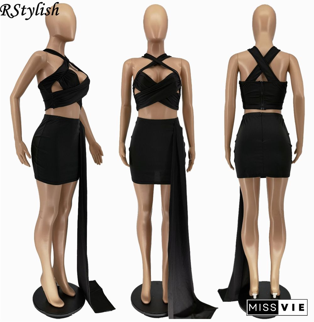 Women Solid Halter Wrap Chest Crop Top Skirt 2 Piece Sets