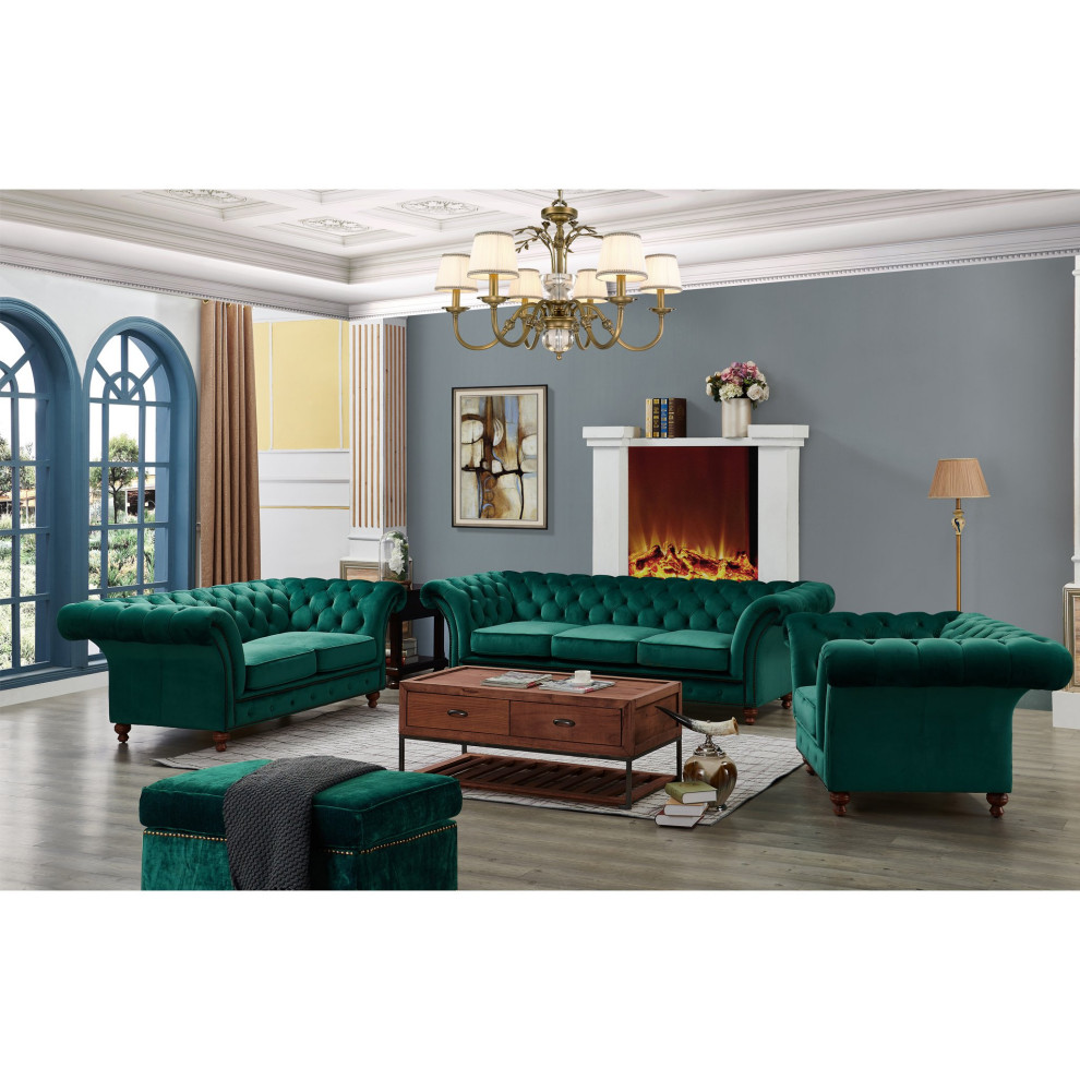 Peyton Sloped Arm Chesterfield Arm Chair Green Velvet   Eclectic   Armchairs And Accent Chairs   by Homesquare  Houzz